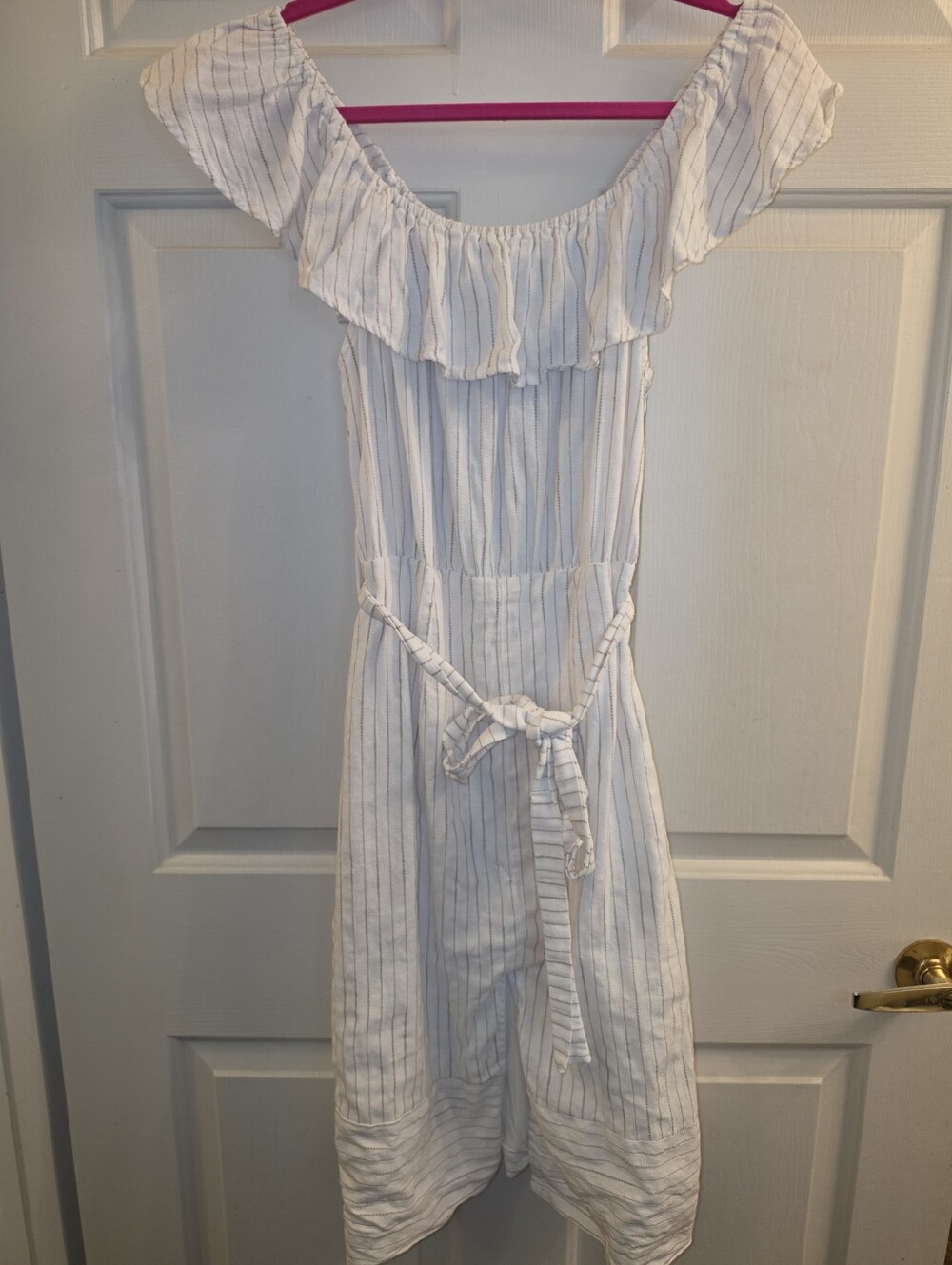 HEATHERLY Linen Blend Dress MP Medium Petite Cottagecore Off Shoulder Striped